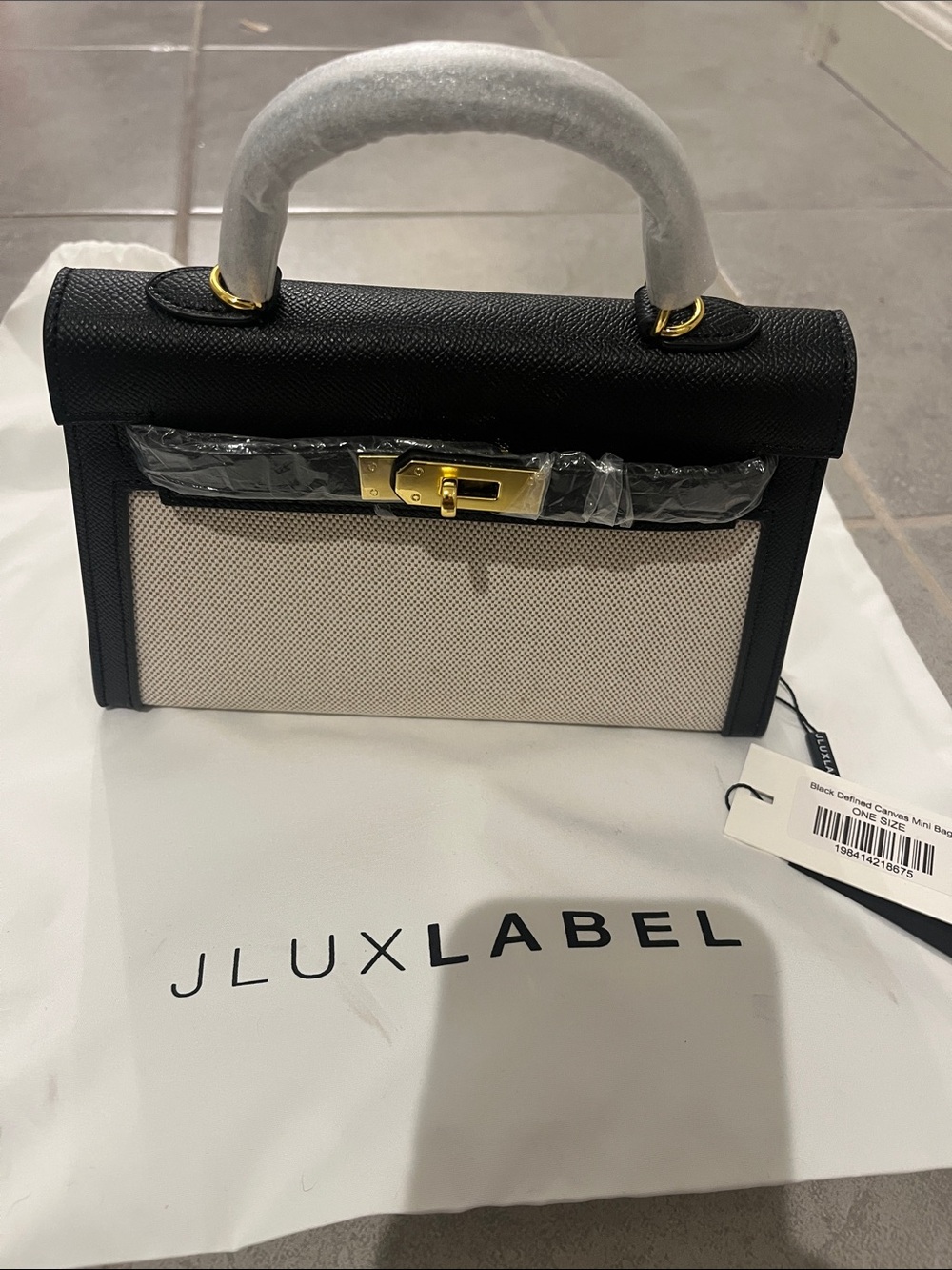 JLUXLABEL Black & Cream Structured Top-Handle Satchel with Gold Hardware